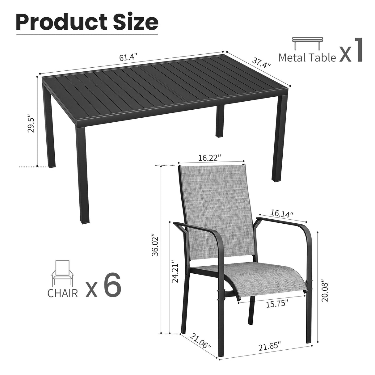 BUPPLEE 38"-84" Extendable Outdoor Dining Table Set for 4-8 Person, Rectangular Outdoor Furniture Adjustable Table & 6Pcs Textilene Chairs for Porch,Backyard, Garden, Poolside and Deck-7 Piece Grey BUPPLEE