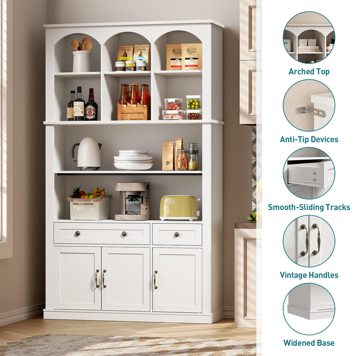 RALGEND 73.2" Tall Farmhouse Arched Bookshelf with Drawer and Door, 6 Tier Mid Century Modern Book Shelf and Bookcase with Storage, Floor Standing Display Cabinet for Living Room, Home Office, White RALGEND