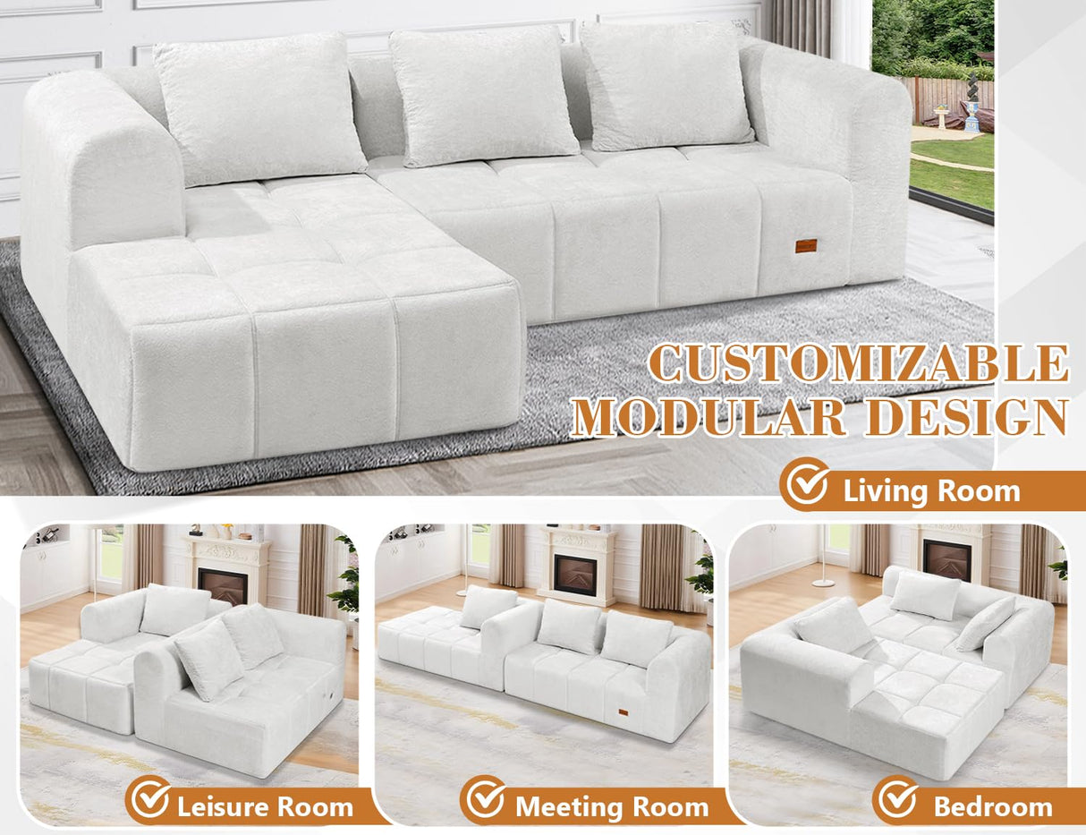 HABUTWAY 103" L-Shaped Modular Sectional Sofa, No Assembly Required Deep Seat Couch with 3 Pillows, Soft Fabric Upholstered, Modern Chaise Lounge for Living Room, Bedroom, Beige HABUTWAY