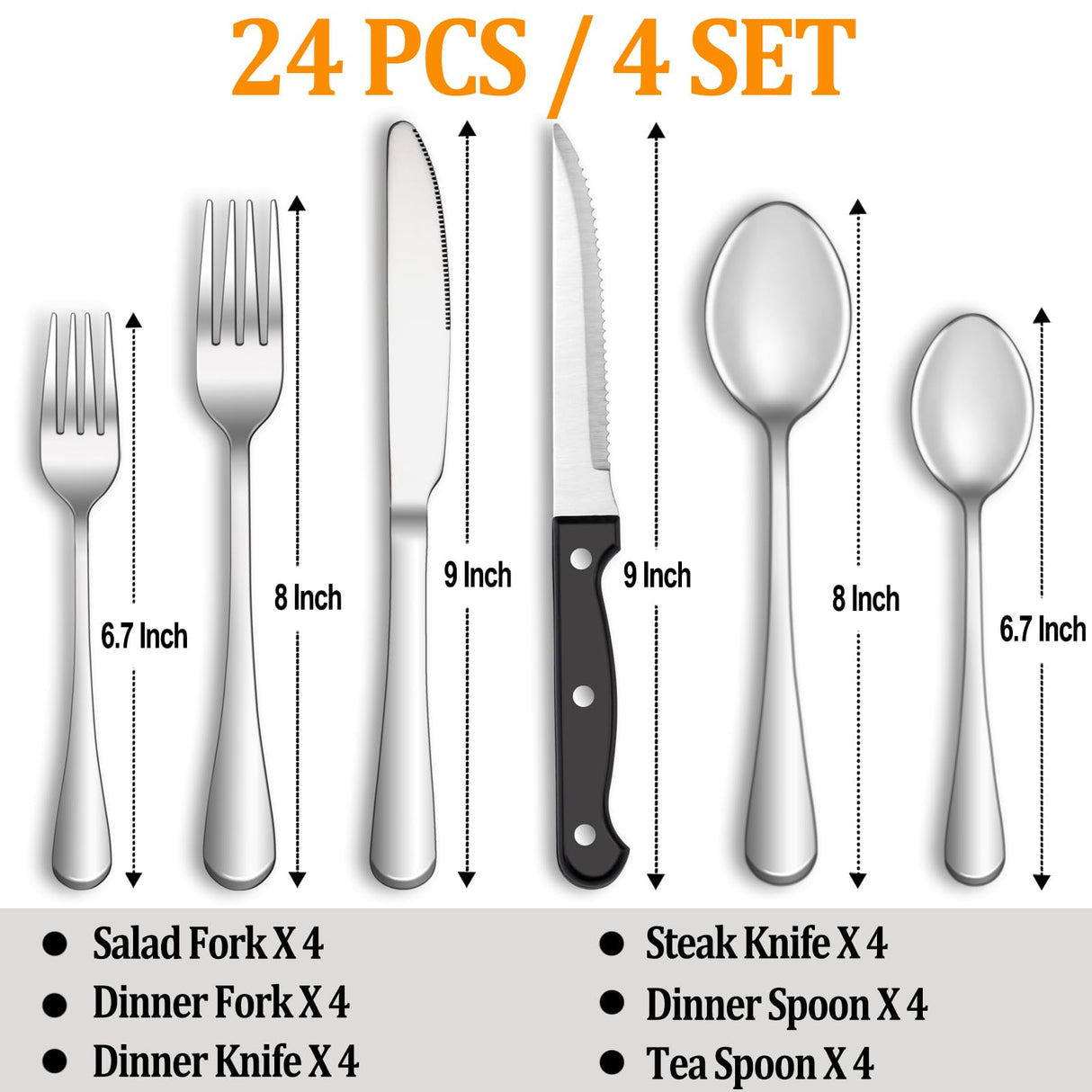 24 Pcs Silverware Set with Steak Knives Service for 4,Stainless Steel Flatware Set,Mirror Polished Cutlery Utensil Set,Home Kitchen Eating Tableware Set,Include Fork Knife Spoon Set,Dishwasher Safe MUTNITT