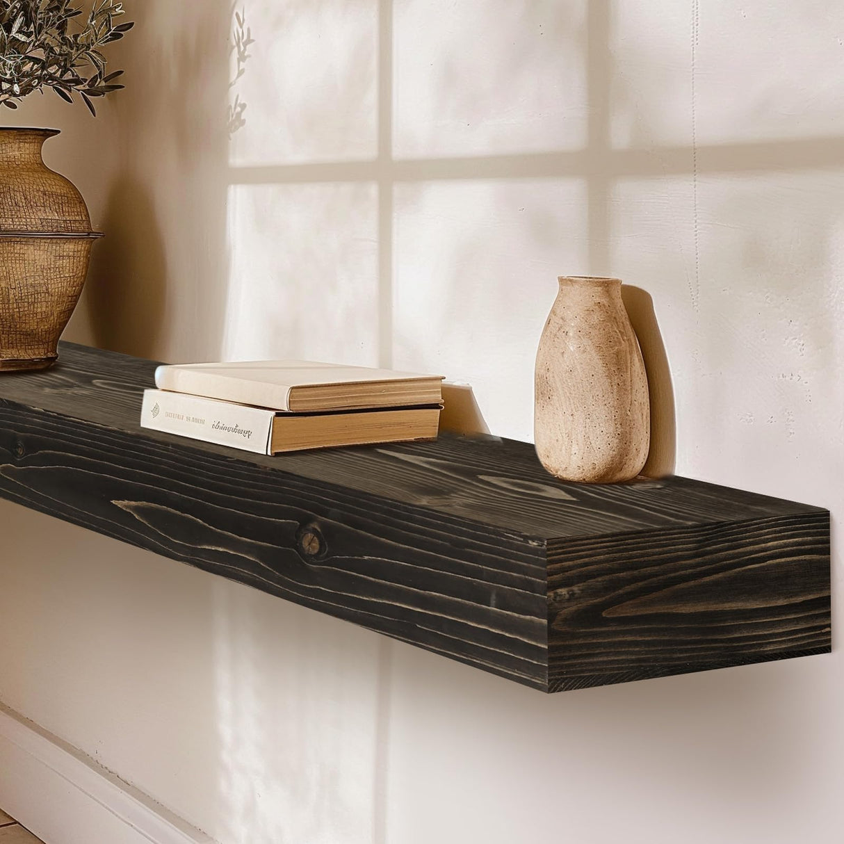 YLYHSST Fireplace Mantel Handmade, 3'' Thick Wall Decor Long Floating Shelf, 60inch Rustic Wood Shelf with Invisible Brackets, Black YLYHSST