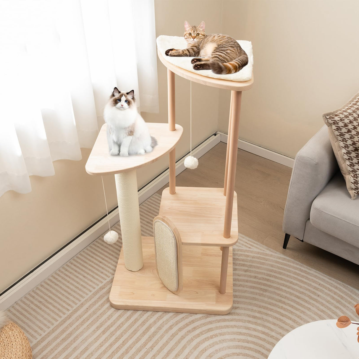 PETSITE 44 Inches Cat Tree, Multi-Level Modern Cat Tower with Sisal Scratching Post and Board, Padded Top Perch, and Hanging Balls, Minimal Wooden Cat Tree Tower for Indoor Cats Large Adult PETSITE