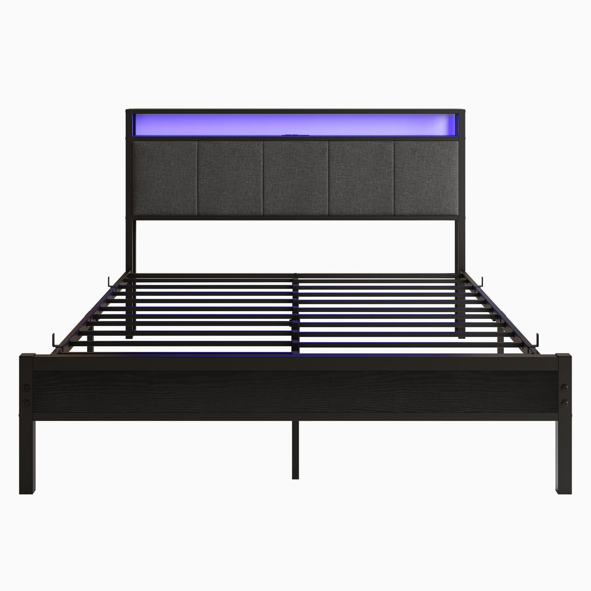 VECOCHO Queen Upholstered Bed Frame with Charging Station, LED Lights, and Headboard Storage - Dark Grey VECOCHO