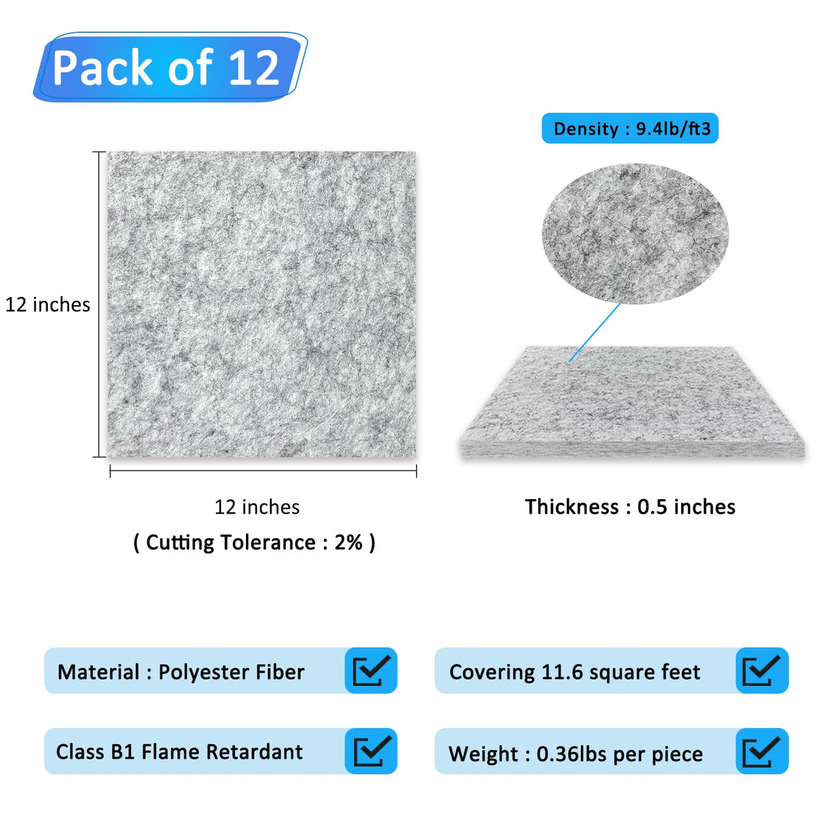 BXI Thickened Sound Absorbing Panels - 12 Pack 12 X 12 X 0.5 Inches Dense Acoustic Panels, Echo Noise Reducing Sound Panels, Tackable Studio Panels for Wall and Ceiling Acoustic Treatment BXI