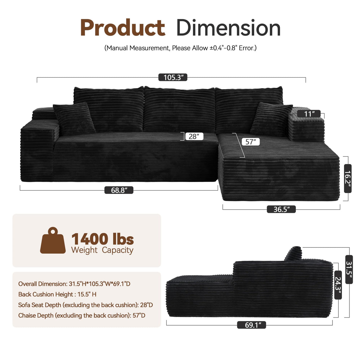 CAODOC 104" Cloud Sectional Couch with Comfy Chaise, Boneless L Shape Sofa with Deep Seat, Minimalist Modular Couches Sleeper for Living Room Bedroom Apartment Lounge,Black CAODOC