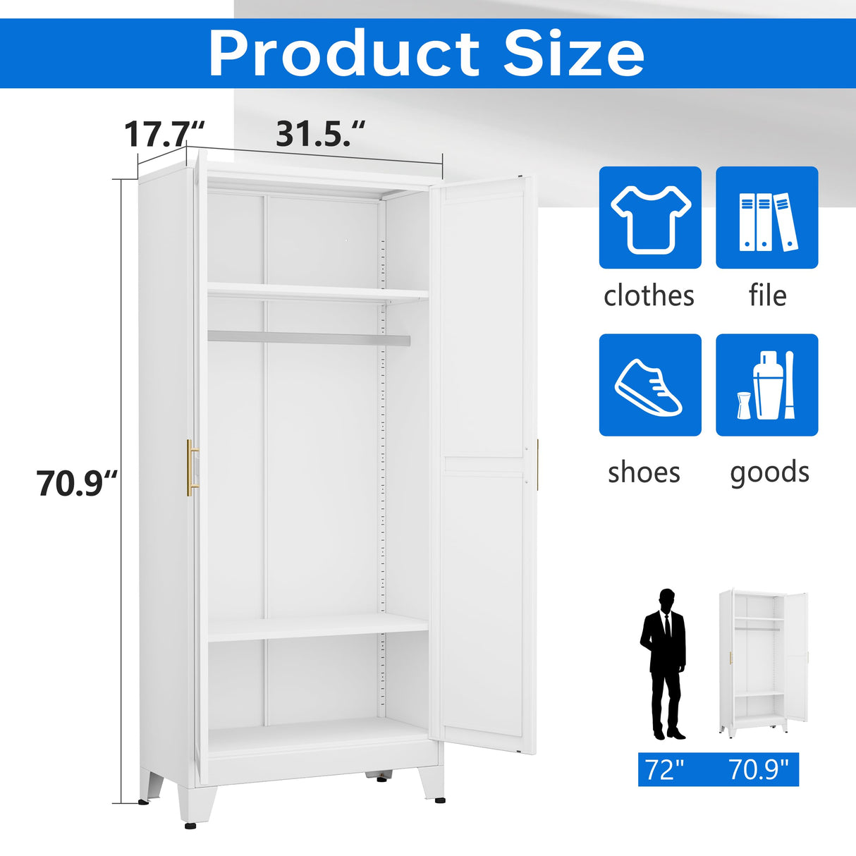 PAOFIN 71" Metal Armoire Wardrobe Closet, Bedroom Clothing Storage Cabinet with Hanging Rod, Freestanding White Armoire Cabinet with Adjustable Shelves PAOFIN