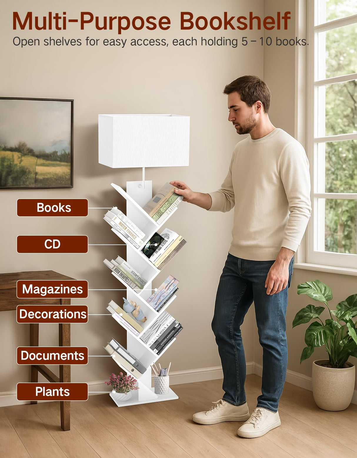 OUTONLIFE 9 Tier Tree Bookshelf with Light, Remote & Timer, Dimmable Tall Floor Standing Lamp, Narrow Wood Bookcase, Small Book Organizer Shelves for Living Room, Bedroom, Home Office (White) OUTONLIFE