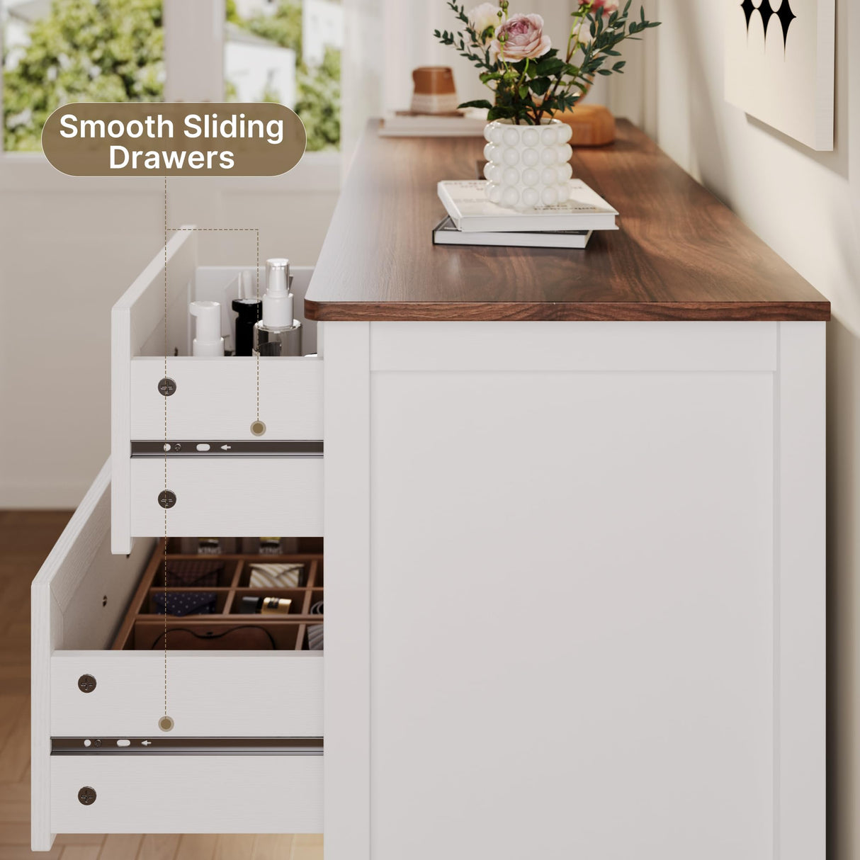 Gizoon Farmhouse 7 Drawers Dresser, White Chest of Drawers with Metal Handles, 47" Wide Wooden Storage Organizer for Bedroom, Hallway, Living Room, Tabletop-Retro Gizoon