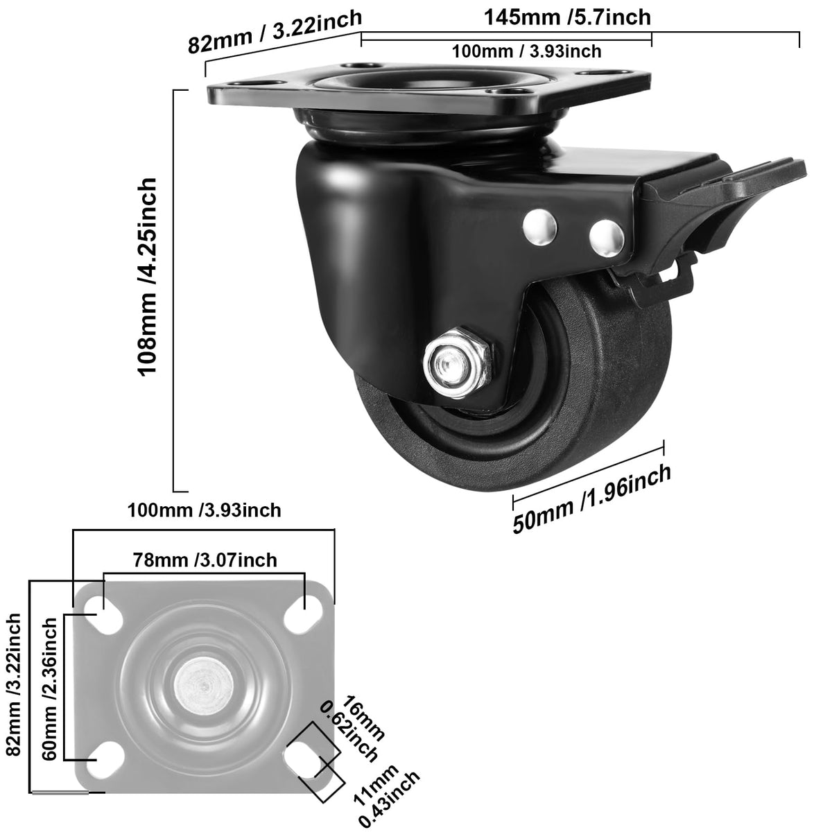 W B D WEIBIDA Plate Swivel Caster Wheels 3-inch Heavy Duty of 4400lbs, Low Gravity Center Design Black Caster Wheels with Brake, Durable & Quiet & Sturdy Nylon Wheels for Industrial, Set of 4 W B D WEIBIDA