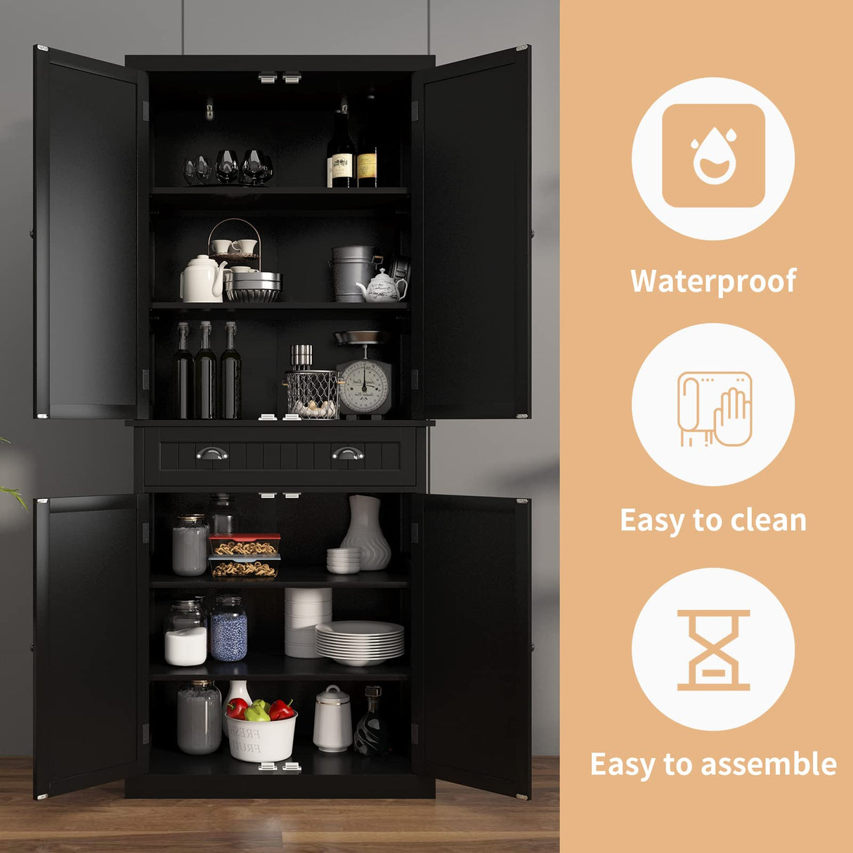 ARTPOWER Kitchen Pantry Storage Cabinet with Drawer and Adjustable Shelves, Pantry Cabinet for Kitchen, Bathroom or Hallway, Black ARTPOWER