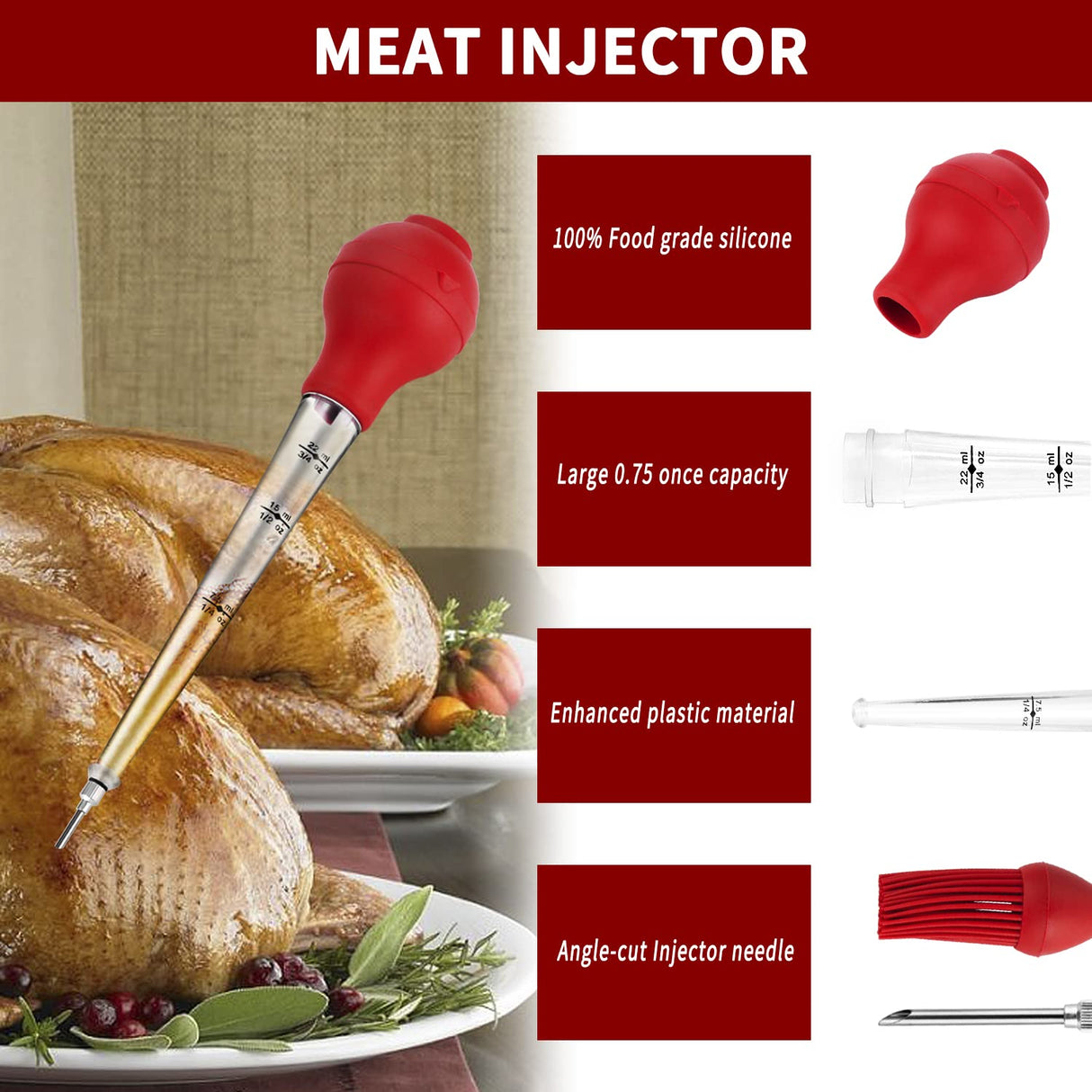JY COOKMENT Turkey Baster with Barbecue Basting Brush, Baster Syringe for Home Baking and Roaster Turkey, Include Detachable Food Grade Silicone Bulb, Meat Injector Needle and Cleaning Brush JY COOKMENT
