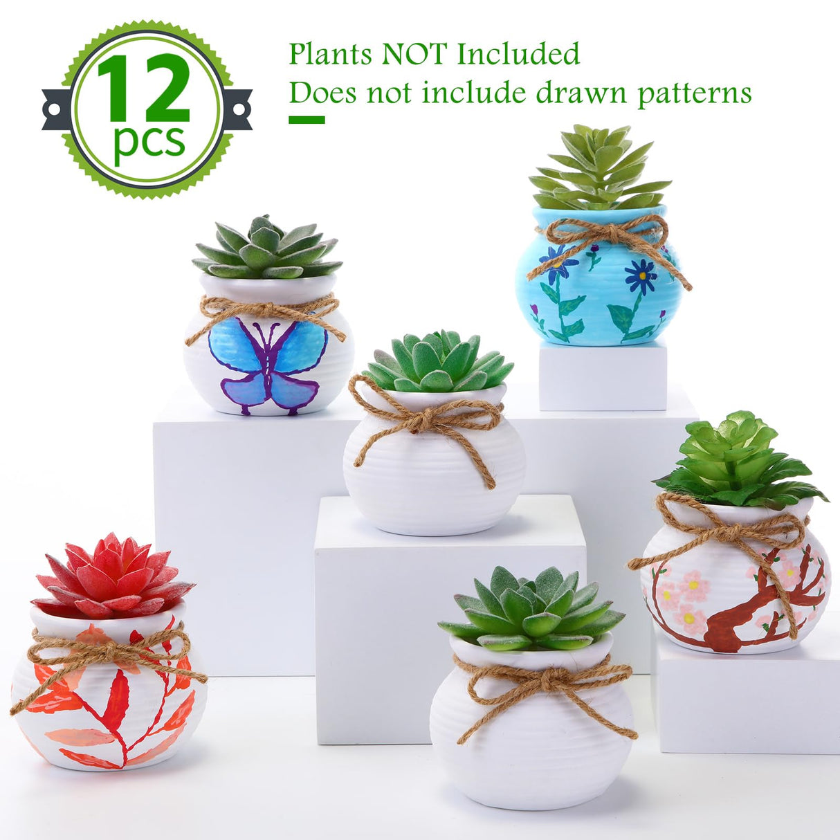 Maxdot 12 Pcs 3 Inch DIY Ceramic Succulent Planters Pots to Paint Cactus Pots Unpainted Cute Ceramic Paintable Flowerpots Pottery Painting Craft Kit for Gardening Birthday Gifts Drawing Maxdot