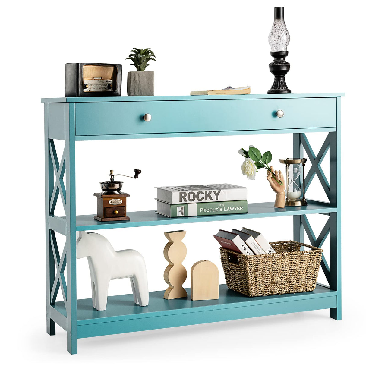 Giantex Console Table 3-Tier W/Drawer and Storage Shelves, X-Design Entryway Table for Hallway, Living Room and Bedroom Sofa Side Table (Blue) Giantex