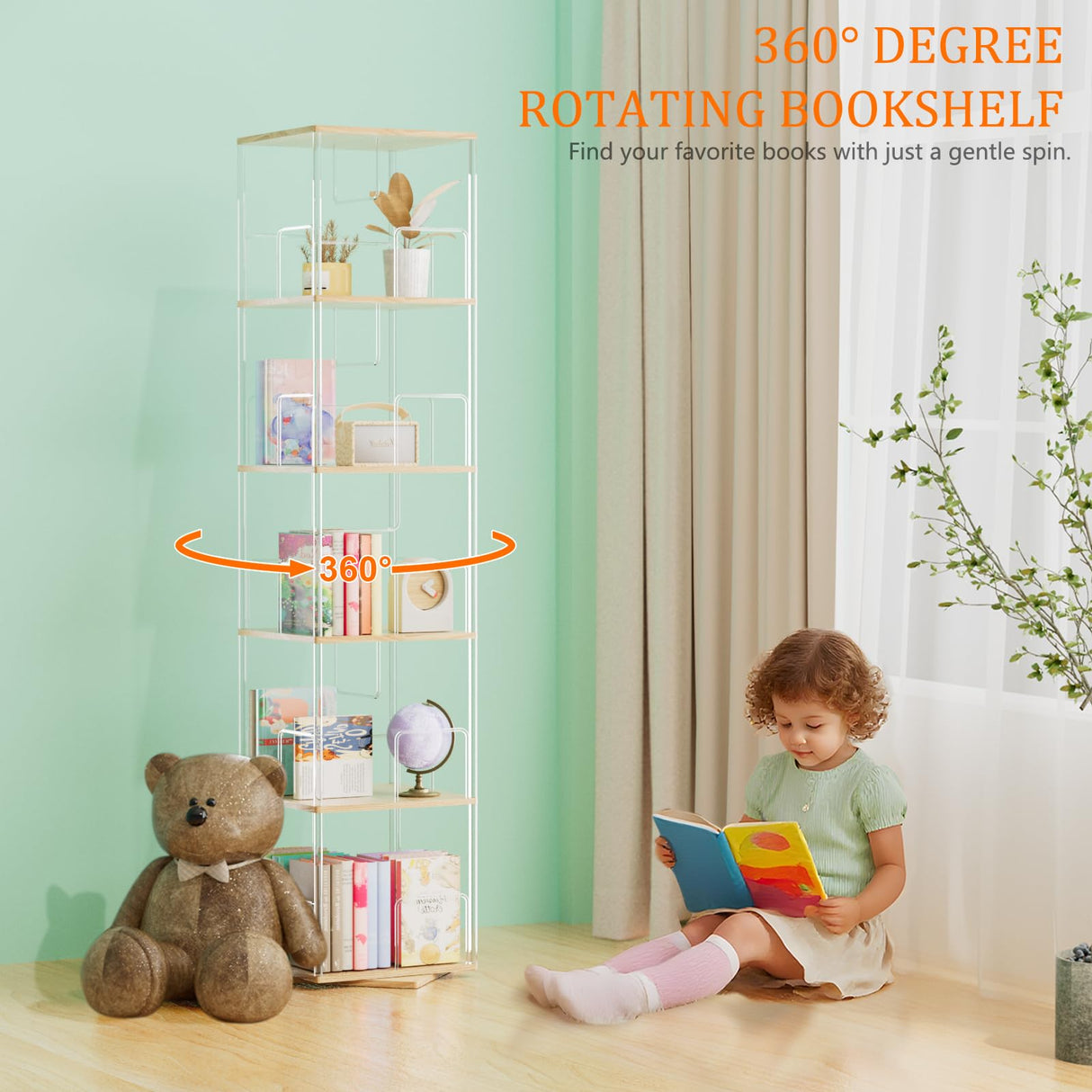 TAKEKIT 360° Rotating Bookshelf, 5-Tier Spinning Book Shelf Tower with Solid Wood & Clear Acrylic, Square Revolving Bookcase for Living Room, Bedroom and Office TAKEKIT