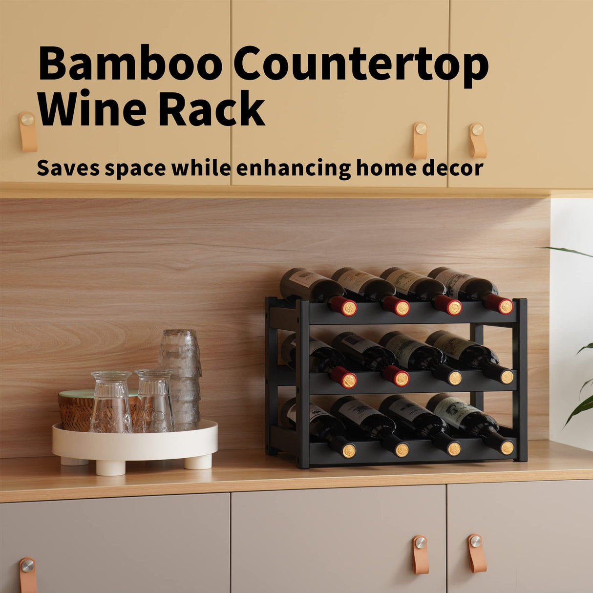 VASMIA Bamboo Wine Rack, Sturdy and Durable Wine Storage Cabinet Shelf, Wine Racks Countertop for Pantry,Kitchen,3-Tier 12 Bottles Wine Rack Black VASMIA