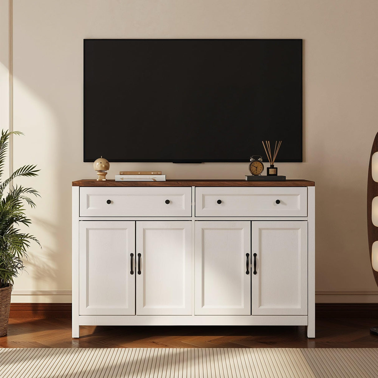 Gizoon Farmhouse Kitchen Sideboard Buffet Cabinet with Storage, Wood Coffee Bar and Storage Sideboard with Drawers and Doors for Kitchen, Dining Room, 15.7" D x 55.1" W x 35.3" H, White/Rustic Brown Gizoon