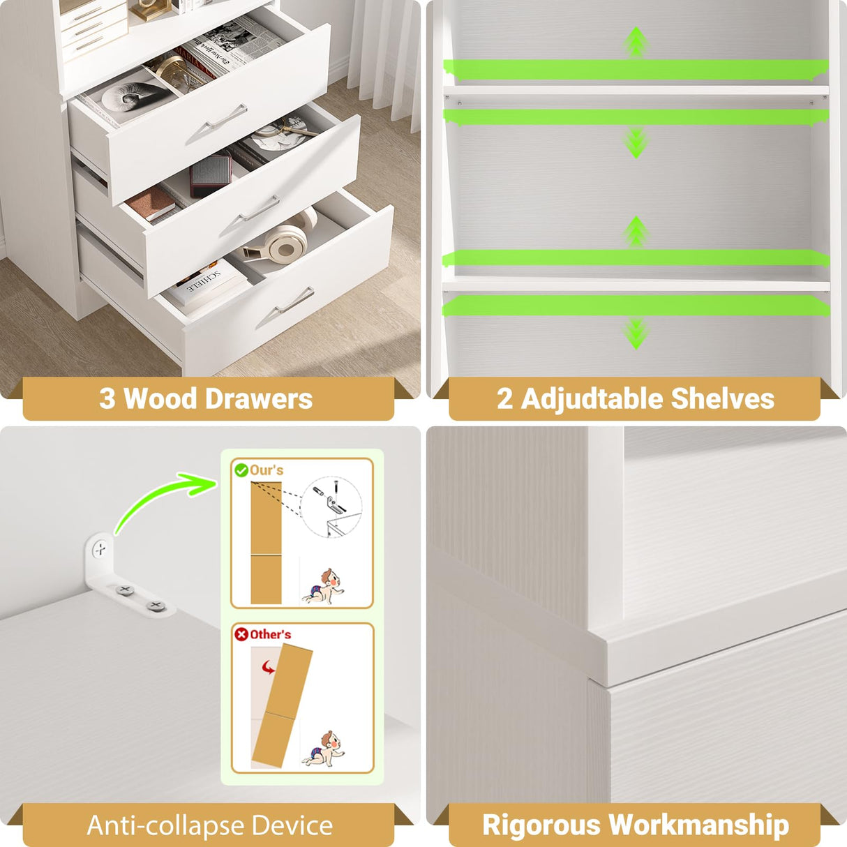 Aheaplus 71 Inches Bookshelf with Drawers, Wooden Bookcase with Open Shelves, 6-Tier Tall Storage Cabinet Book Shelf Storage Organizer for Living Room, Home Office, White (No Charge Station) Aheaplus