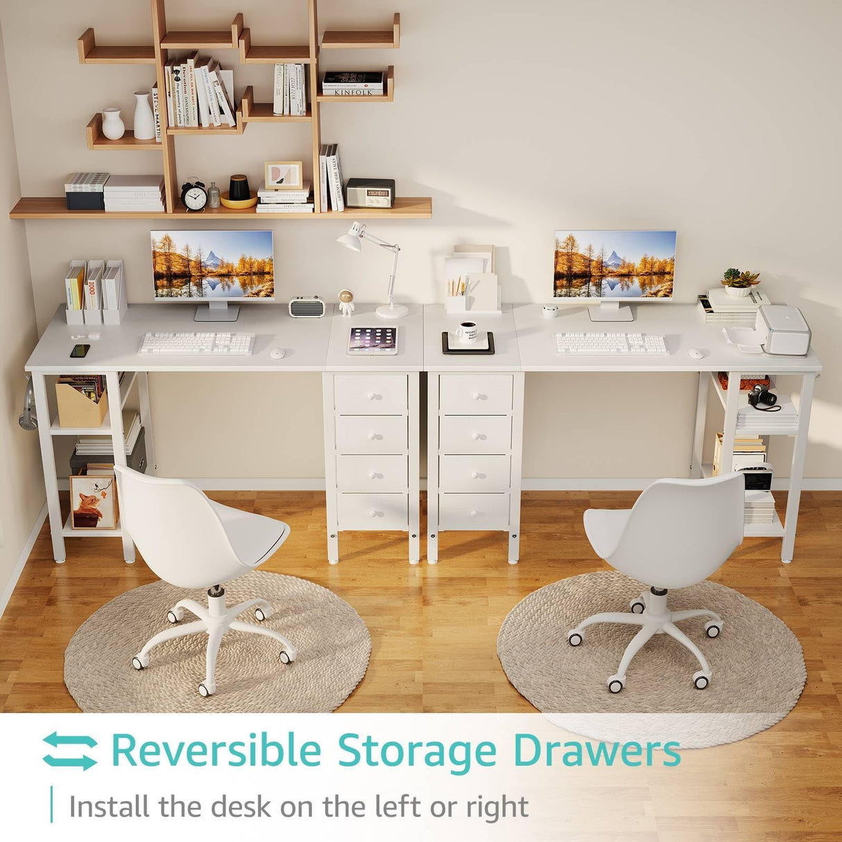 Lufeiya White Computer Desk with Drawers & Storage Shelves, 47 Inch Study Work Writing Desk for Home Office Bedroom, Simple Modern Cute PC Desks Table, White Lufeiya