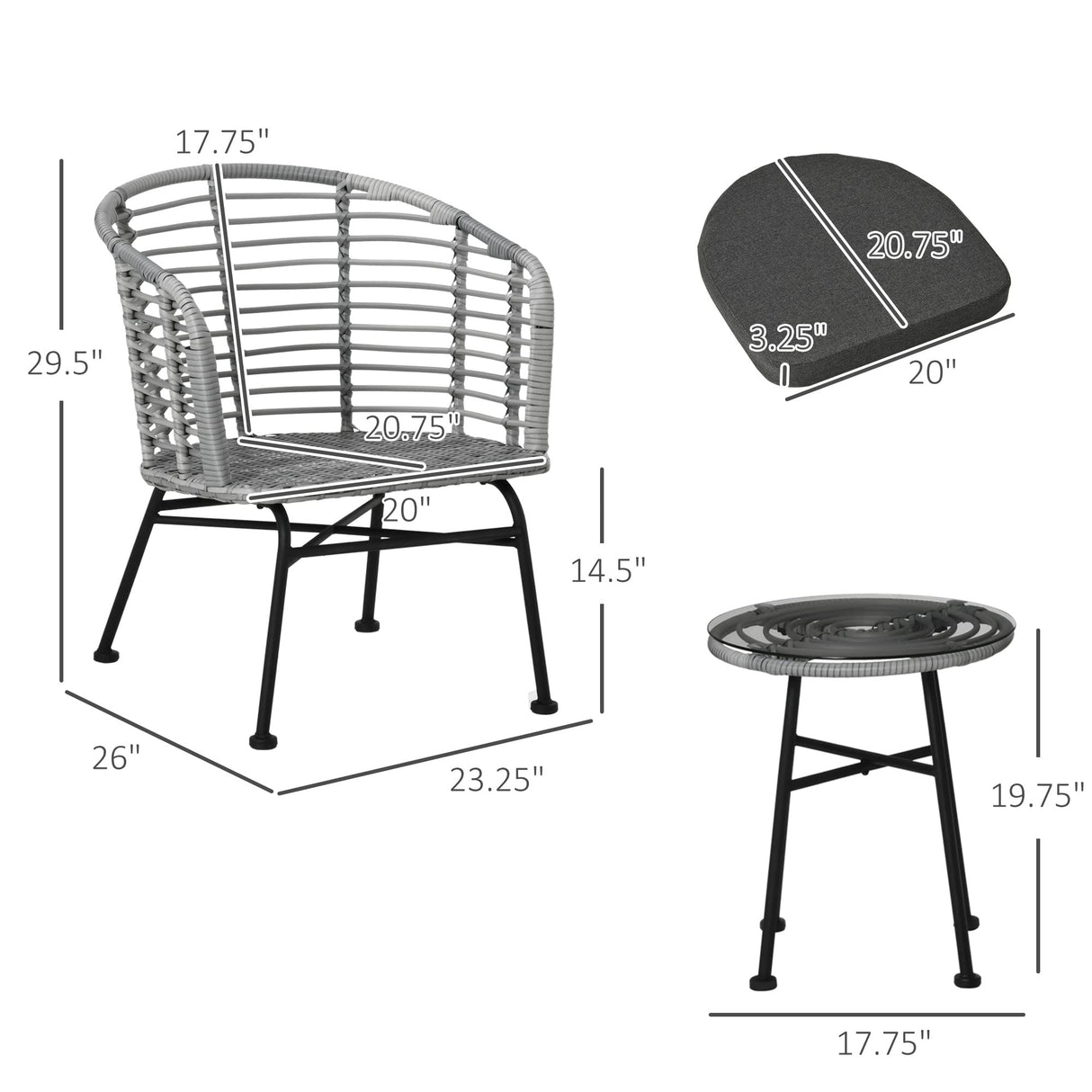 Outsunny 3 Piece Patio Bistro Set, PE Rattan Outdoor Furniture with Cushioned Barrel Chairs & Glass Coffee Table, Conversation Set for Porch, Backyard, Apartment, Balcony, Mixed Gray Outsunny