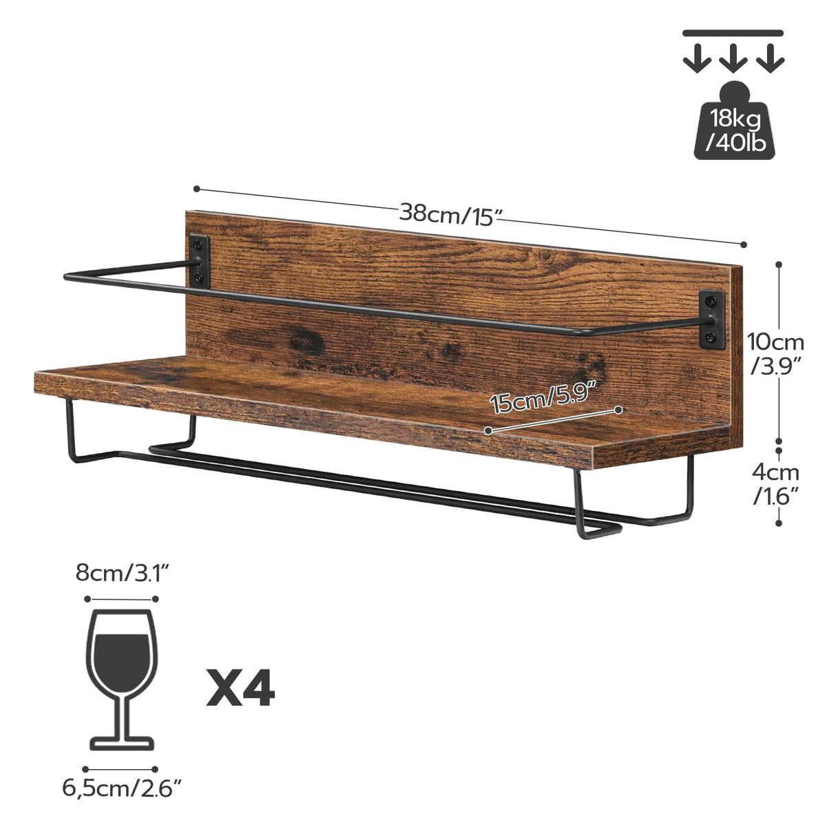 HOOBRO Wall Mounted Wine Rack 2 Pack, Wine Shelf Hanging Floating Wall Shelves, Wine Glass Bottle Rack Stemware Holder, for Living Room, Dining Room, Kitchen, Rustic Brown and Black BF28BJ01 HOOBRO