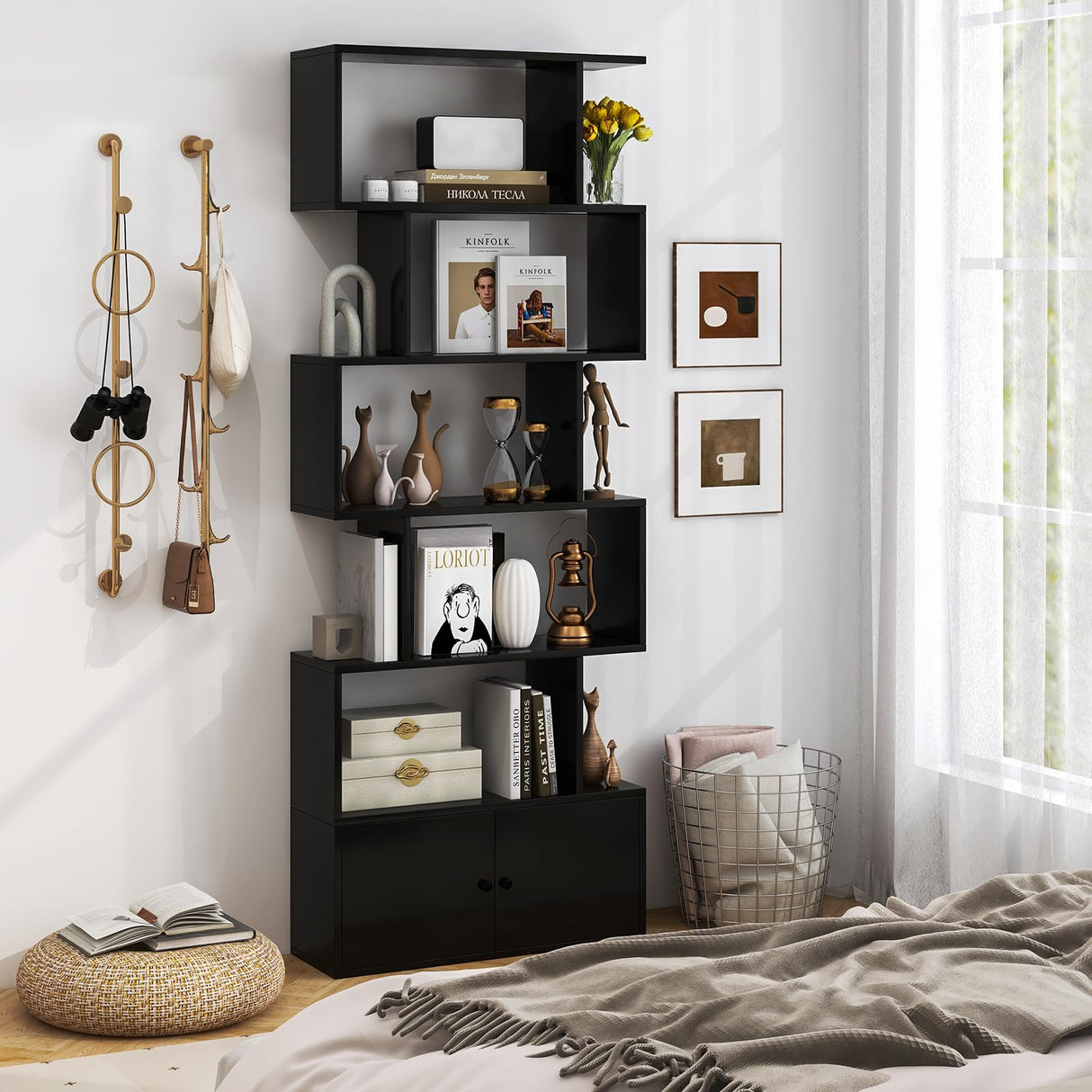 Tangkula Geometric S-Shaped Bookshelf with Cabinet - 6-Tier Freestanding Bookcase in Black for Home & Office Tangkula