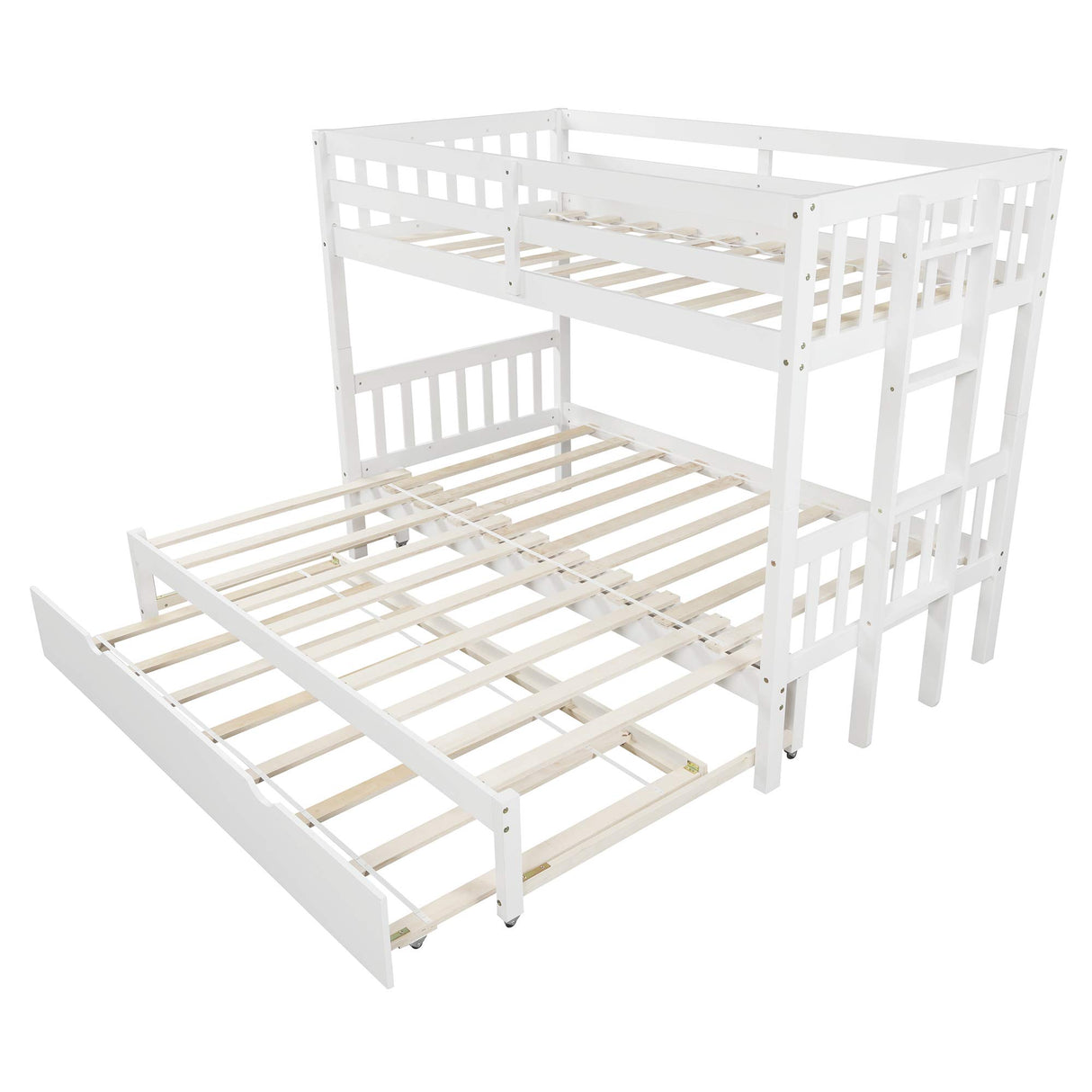 KLMM Twin Over Pull-Out Bunk Bed with Trundle, Wooden Twin Over Twin/Full/Queen/King Accommodate 4 People Extendable Bunk Beds with Ladder and Safety Rail (White) KLMM