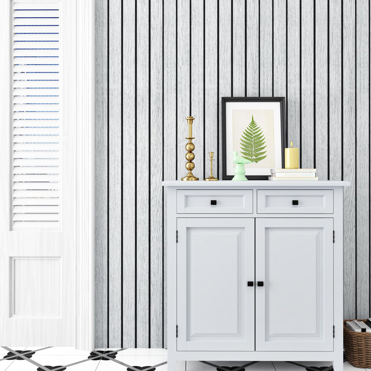 STICKEEP White/Grey 3D Wood Slat Panels for Walls Peel and Stick PVC Slat Wall Paneling Soundproof Self Adhesive Faux Wooden Slatted Panel for Wall Decor Interior Living Room Bedroom 120"x 12" STICKEEP