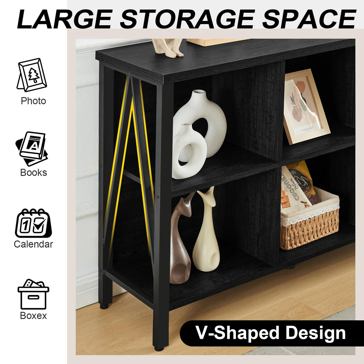 HOMISSUE 6 Cube Storage Organizer Shelf, Rustic Short Wide Bookshelf with Cube Storage, Industrial Low Cube Bookshelf with 3 Tier Shelf, Horizontal Bookcase for Living Room, Office, Black HOMISSUE