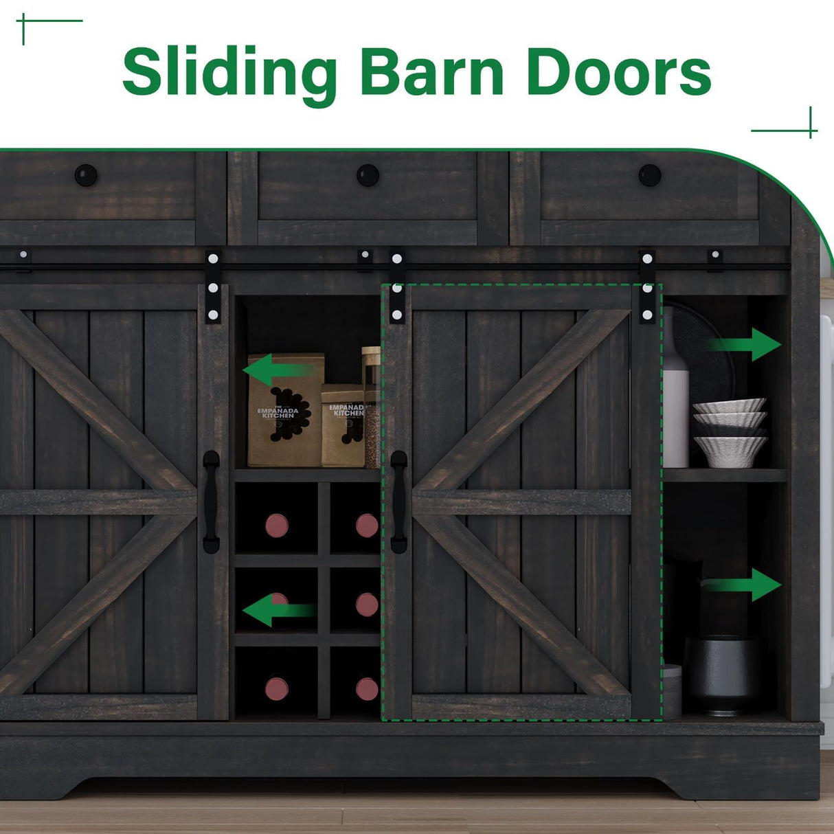 Kitchen Pantry Cabinet with Storage, 72'' Buffet Cabinet with Sliding Barn Doors, Farmhouse Coffee Bar Cabinet with 3 Drawers, Kitchen Pantry with Storage & Wine Rack for Dining Room, Dark Rustic Oak 4 EVER WINNER