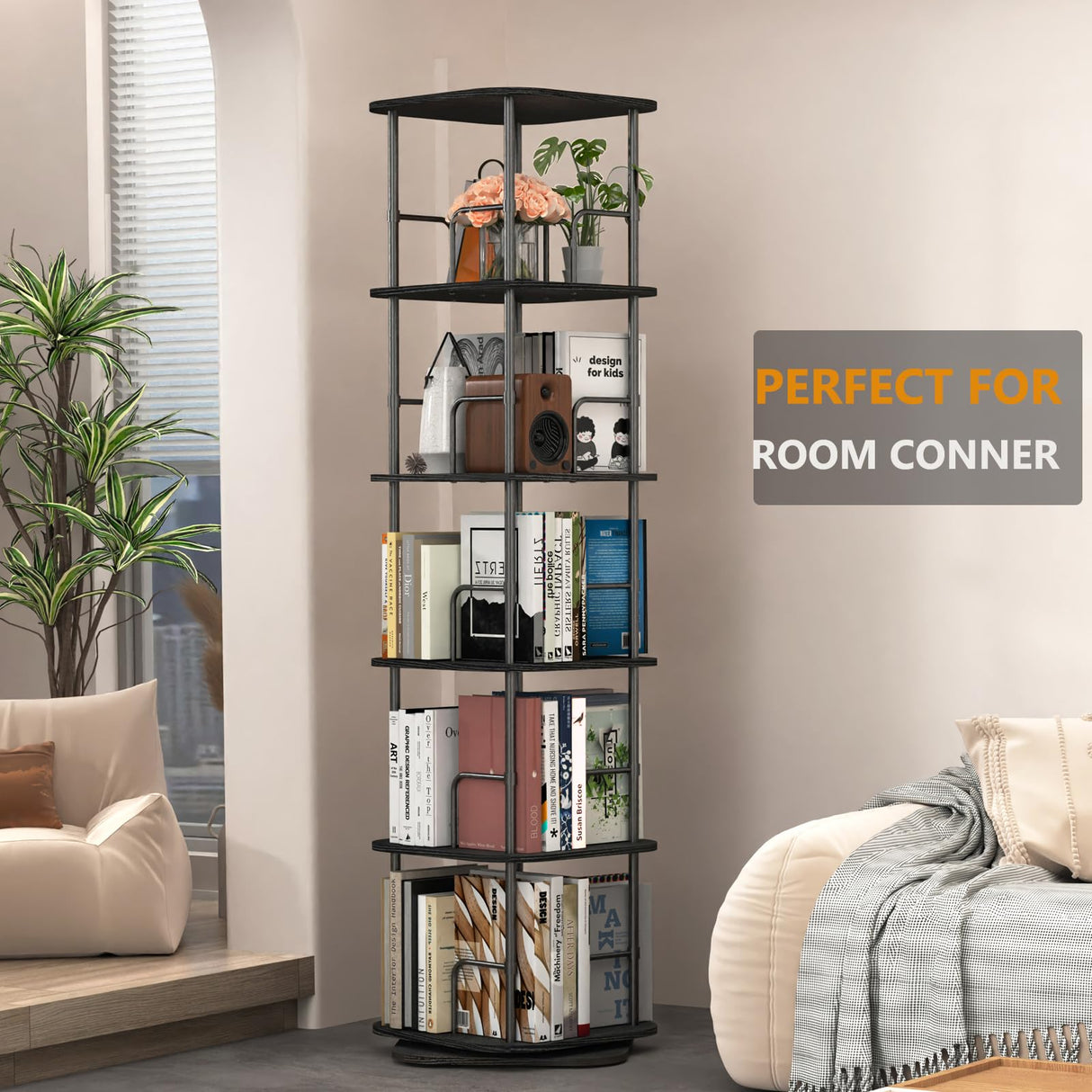 Lauxery 5 Tier Rotating Bookshelf, 360° Spinning Bookshelf Tower,Space Saving Floor Standing Corner Storage Organizer for Small Spaces, Square Revolving Bookcase for Home Office Living Room, Black Lauxery