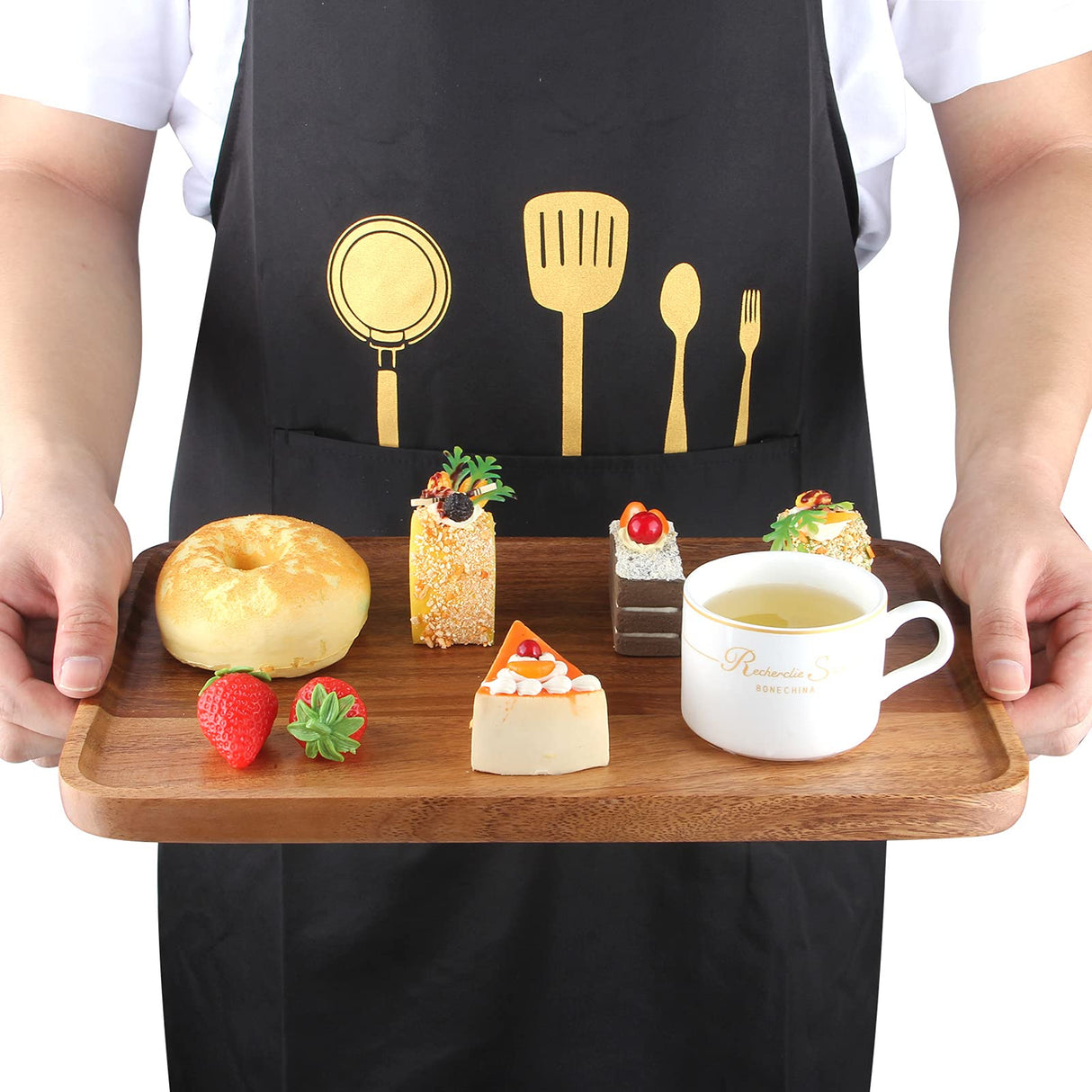 2 Pcs Wooden Rectangle Serving Trays for Ottoman Bar Party Food Tray Large Fruit Rectangular Platter Best Acacia Wood Plates for Decor Cheese Serving Board Snack Tray Charcuterie Boards Serving Dishes Ayiaren