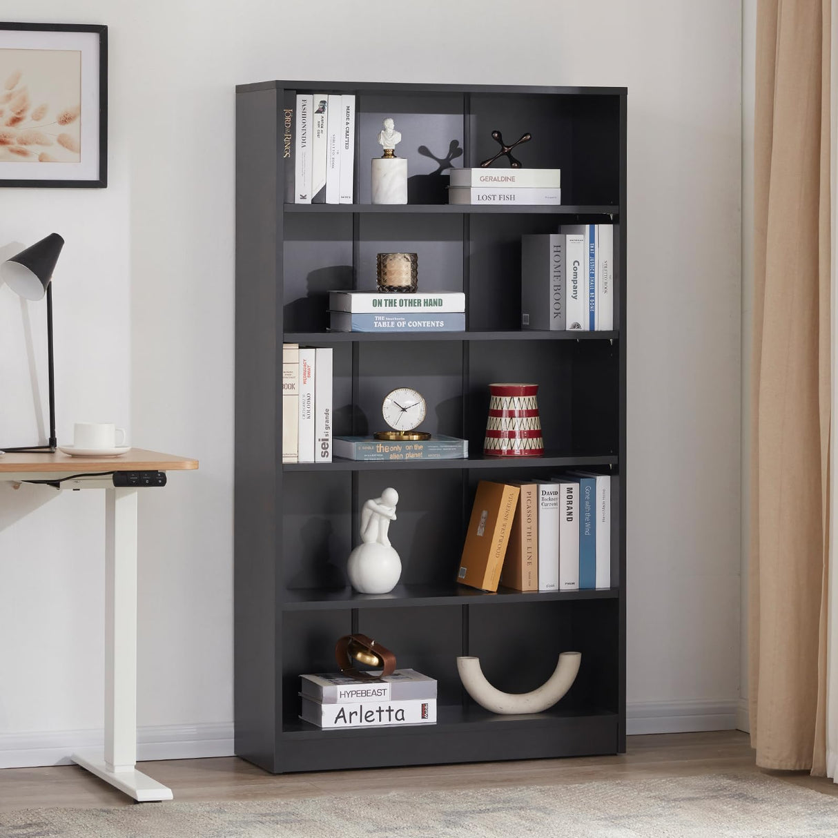 Stary 5 Shelf Black Bookcase 60 inch Tall Wood Bookshelf for Bedroom STARY