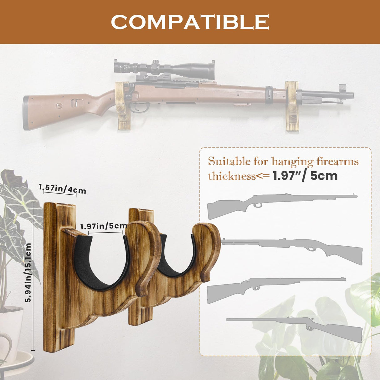 Giassvio Rifle Gun Rack Wall Mount - Wooden Shotgun Hooks Holder Horizontal, Single Gun Display Hanger for Wall, Charcoal Brown Giassvio