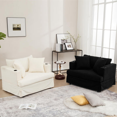 ASAHREE 47'' Mid Century Oversized Reading Armchair Sofa, Corduroy 2 Seater Upholstered Loveseat Couch with 2 Cup Holder, Comfy Modern Accent Chair for Bedroom, Living Room (Corduroy Cream White)