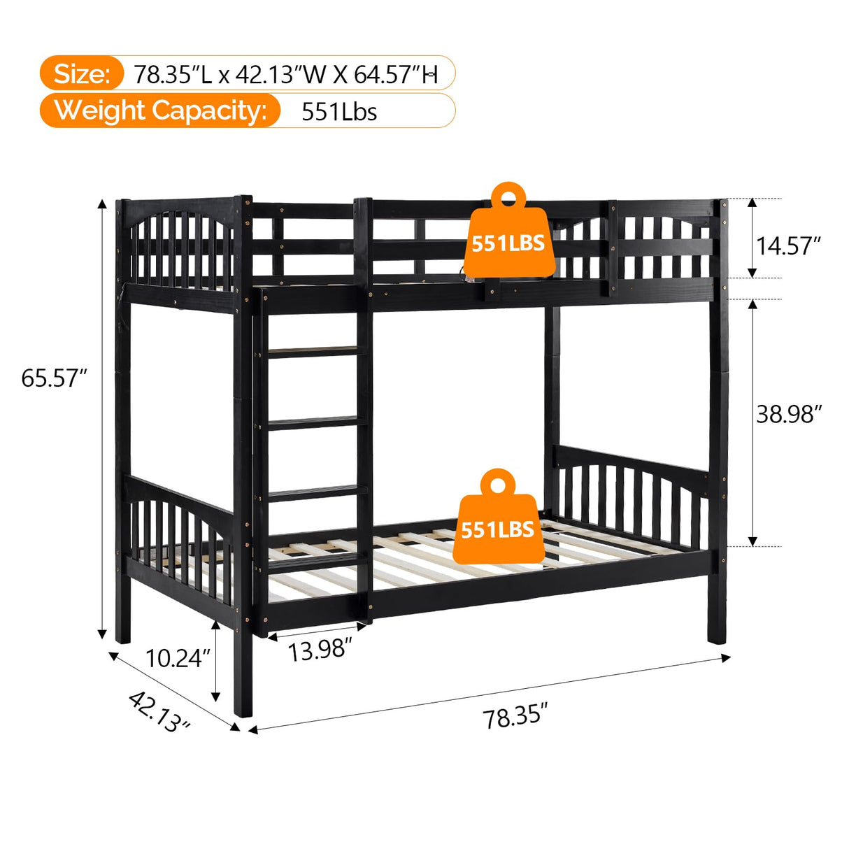 VINGLI Solid Wood Bunk Bed Twin Over Twin with LED Lights/USB Port Charge Station/Scoring Rungs, Convertible Bunk Beds with Extra 15 inches Tall Guardrial and Ladder for Kids, Black VINGLI