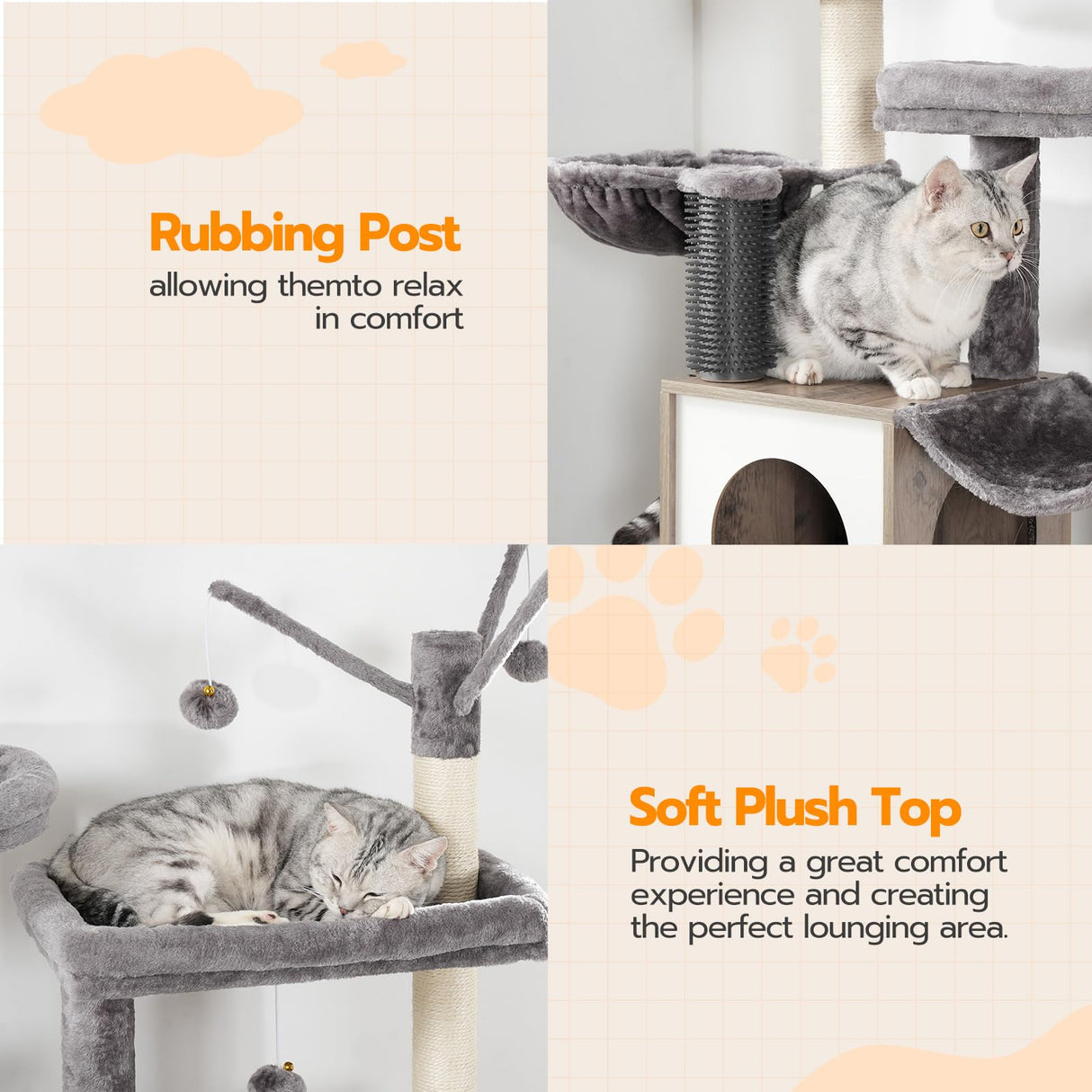 HOOBRO Large Hidden Litter Box, Cat Tree with 30.7'' Long Litter Box Enclosure, Modern Cat Tower, Cat Condos with Scratching Posts, Rubbing Post, Hammock and Teaser Sticks, Greige BG28MZ03G1 HOOBRO