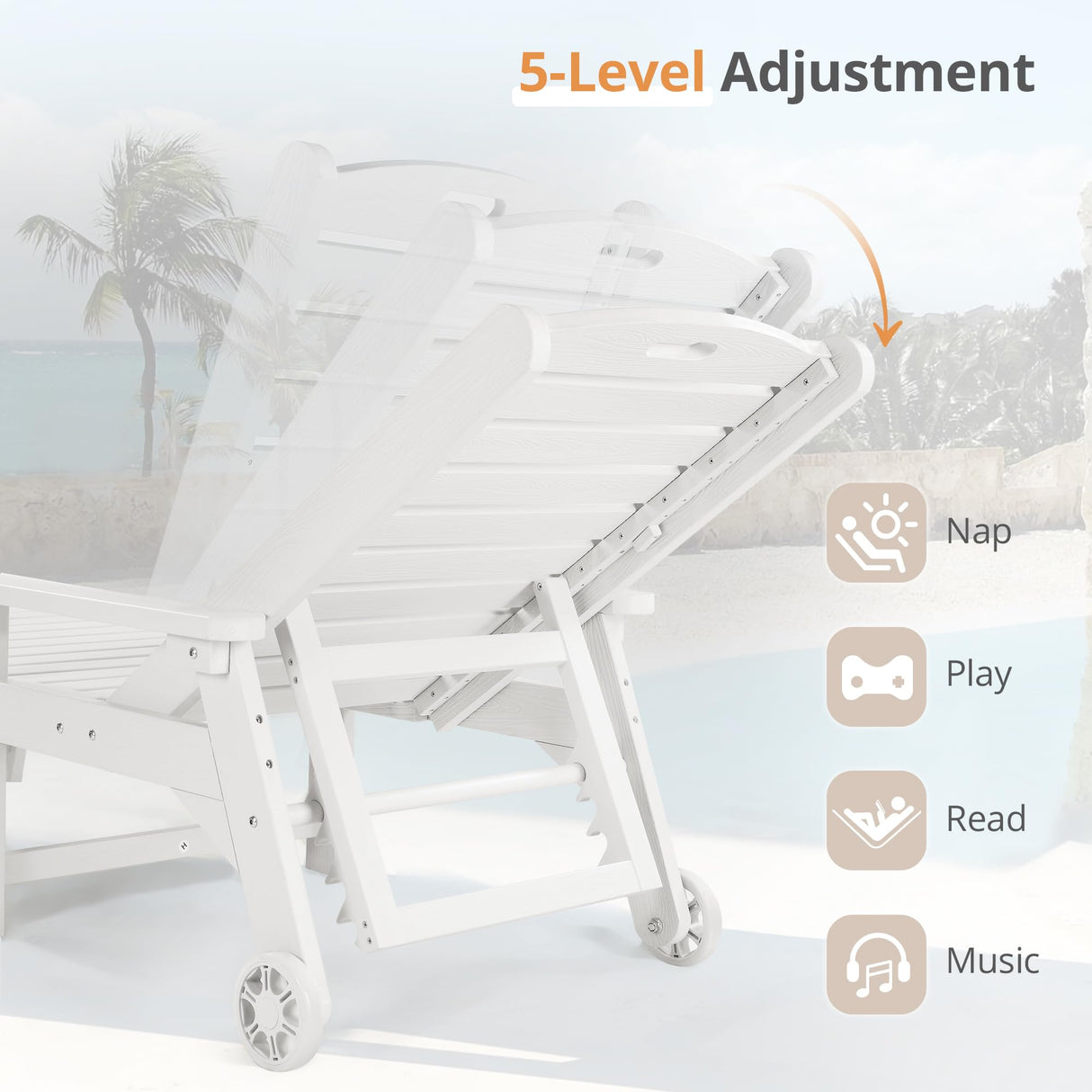 LUE BONA Outdoor Chaise Lounge Chairs Set of 2, HDPS Material, 3-Year Warranty, Patio Lounge Chair with Adjustable Backrest, Resin Pool Lounge Chairs with Wheels for Outside, Poolside, Beach, White LUE BONA