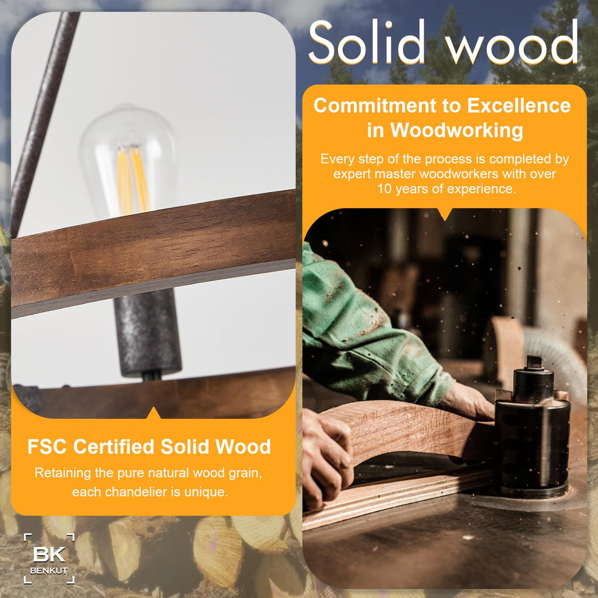 Benkut Farmhouse Wagon Wheel Chandelier 23.6" Black Rustic Light Fixtures 8-Light Wood Round Chandelier for Dining Room Kitchen Entryway Foyer Benkut