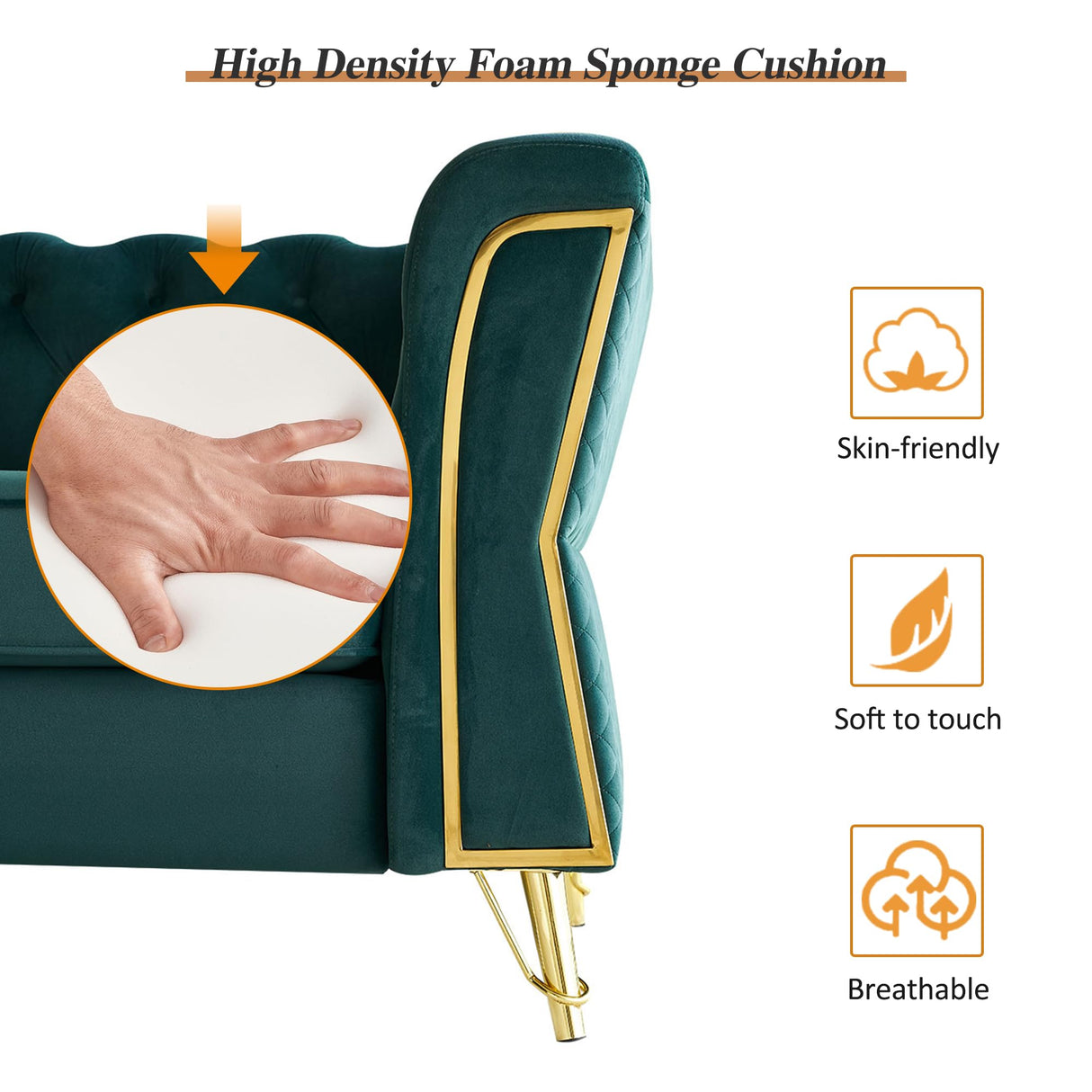 Tmsan 87.4" Velvet Sofa Couch, Mid-Century Modern Chesterfield Loveseat Classic Button Tufted 2 Seater Couch with Golden Legs for Living Room Office Bedroom (Emerald) Tmsan