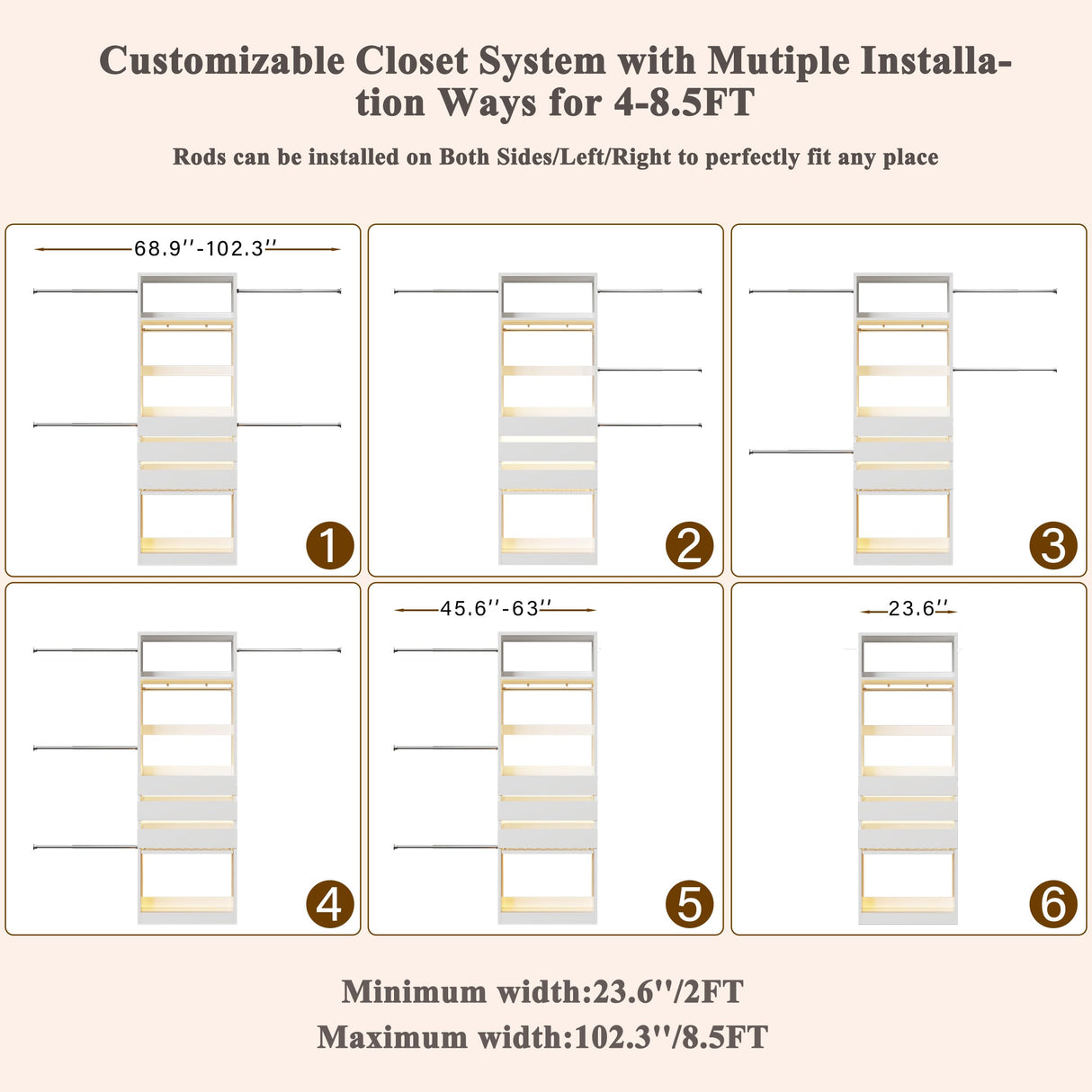 Closet System, 4-8FT Closet Organizer with 3 Wood Drawers & Glass Top, 102'' Walk in Closet with 5 Hang Rods & LED Lights & Trouser Rack, Built-in Wardrobe Clothes Rack with Shelves and Tower, White HUAHUU