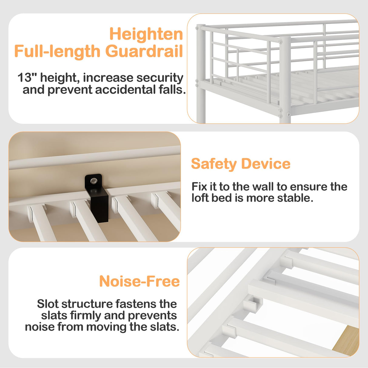 VECELO Loft Bed Twin Size with Desk, Metal Bedframe with Removable Ladder and Safety Guardrail, No Box Spring Needed, Space Saving, Noise Free, Pure White VECELO