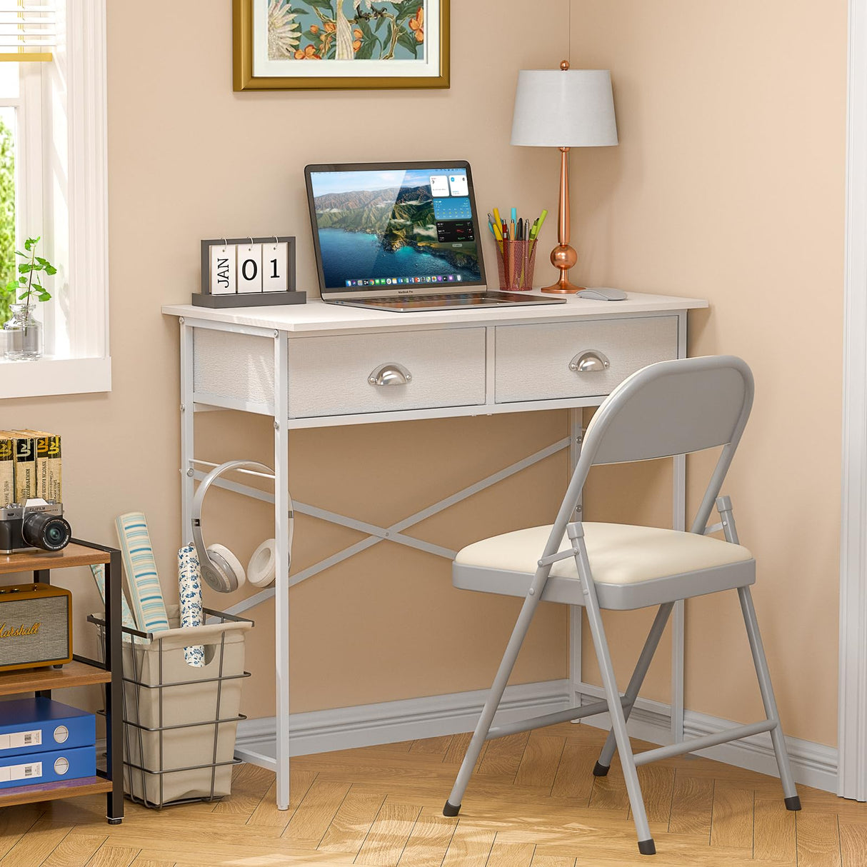 DAOUTIME Small Writing Desk for Kids Bedroom, 31.5 Inch Small Computer Desk for Small Spaces, Simple Desk with 2 Fabric Drawers for Home Office, Dorm, Living Room, Home Study Table, White DAOUTIME