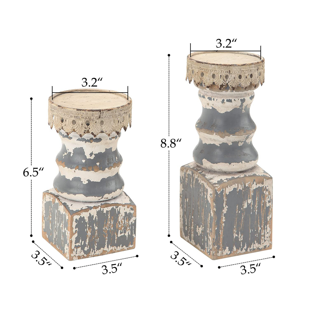 NIKKY HOME Farmhouse Pillar Candle Holder Set of 2 - Rustic Wood Decorative Candlesticks Pedestal, Centerpieces Decor for Fireplace Mantle Coffee Bar Dining Table, Distressed Grey NIKKY HOME