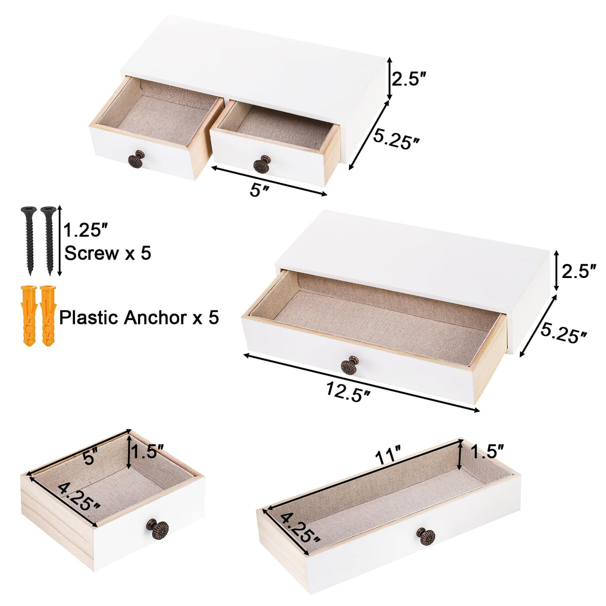 Yesland 2 Packs Floating Nightstand with Drawer - Rustic Wood Floating Wall Mounted Drawers Floating Shelf with Drawer for Living Room, Bedroom, Kitchen, Wall Decor, Storage, Display - White Yesland