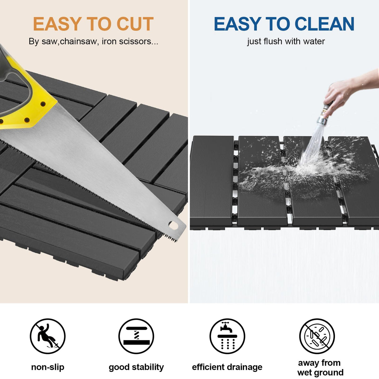 Goovilla Plastic Interlocking Deck Tiles, 36 Pack Patio Deck Tiles, 12"x12" Waterproof Outdoor Flooring All Weather Use, Patio Floor Decking Tiles for Porch Poolside Balcony Backyard, Dark Grey Goovilla