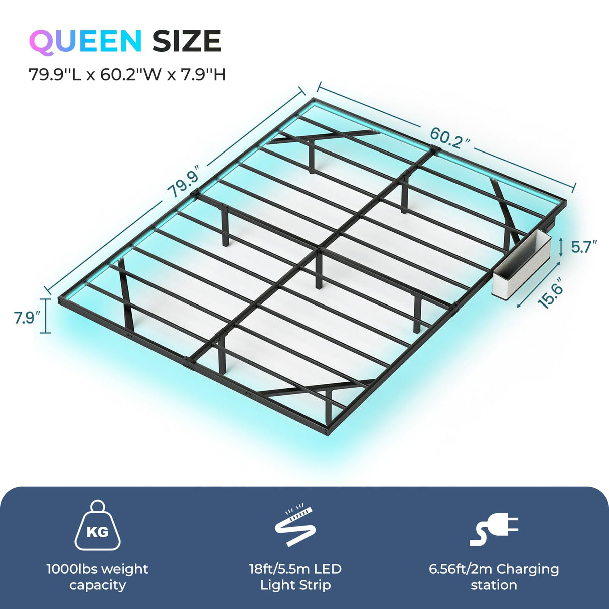 Tatub Queen Floating Bed Frame with LED Lights, Charging Station & Mattress Stabiliser Tatub