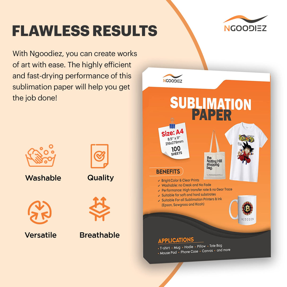 NGOODIEZ Sublimation Coating & Paper Bundle - High Gloss Finish Spray + A4 Sublimation Paper - 100ml Coating + 100 Sheets NGOODIEZ