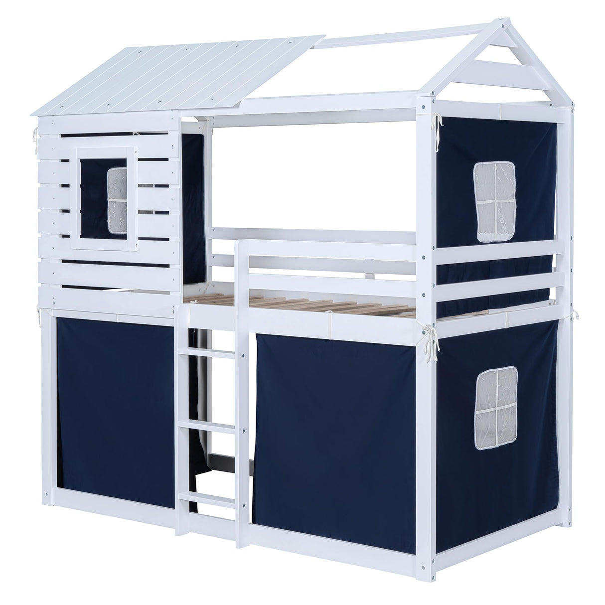 Harper & Bright Designs Twin Over Twin Bunk Bed, Wood Twin Size Bunk House Bed with Tent and Windows, Blue+White Harper & Bright Designs