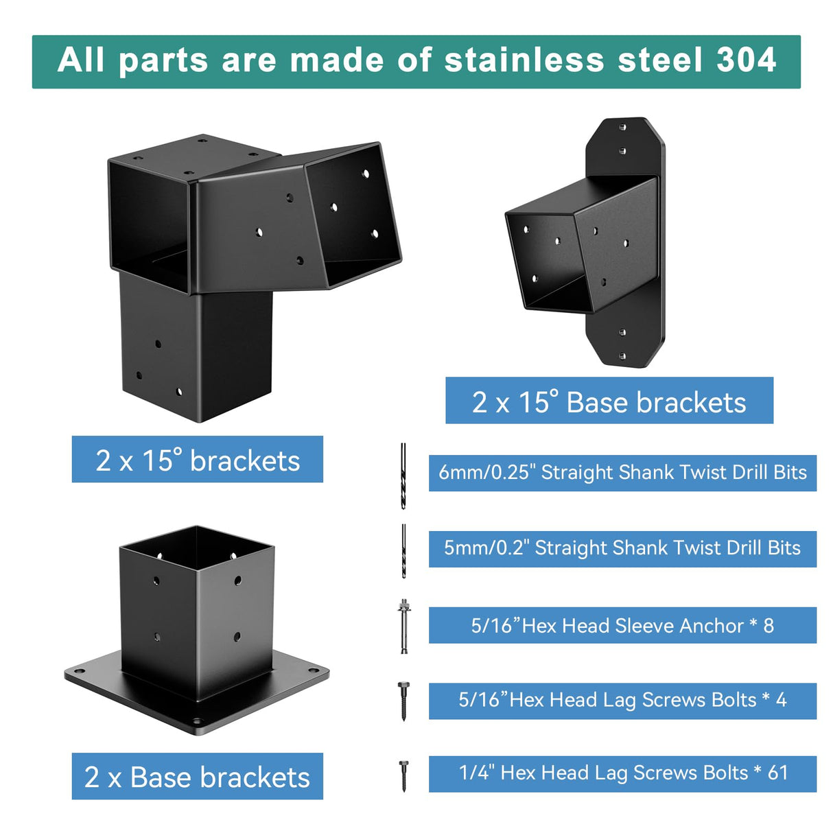 Antsky 15° Wall Pergola Kits - Stainless Steel 15 Degrees Wall Mounts pergola for 4x4 Posts(Actual 3.6" X 3.6"), Roof Bracket Kit, Angled Pergola Construction Pergola Bracket Kit(3-Way) Antsky
