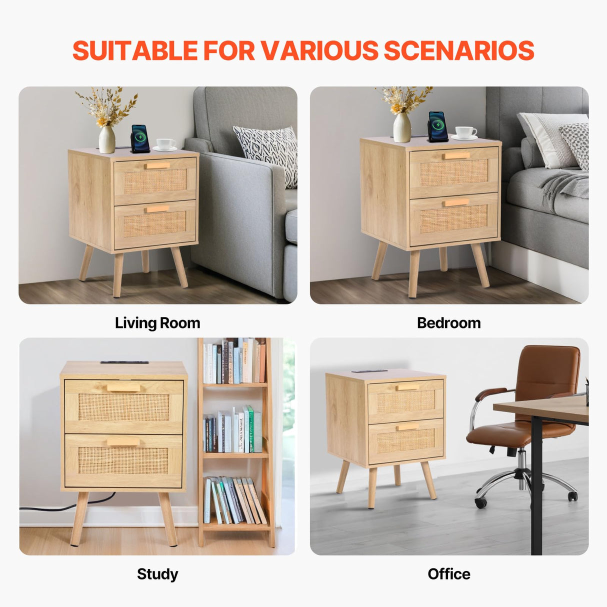 VEVOR Rattan Nightstand, Boho Bedside Table with 2 Drawers, Rattan End Table Nightstand with Solid Wood Legs, Rattan Bedside Table with Charging Station, for Bedroom, Study & Living Room VEVOR